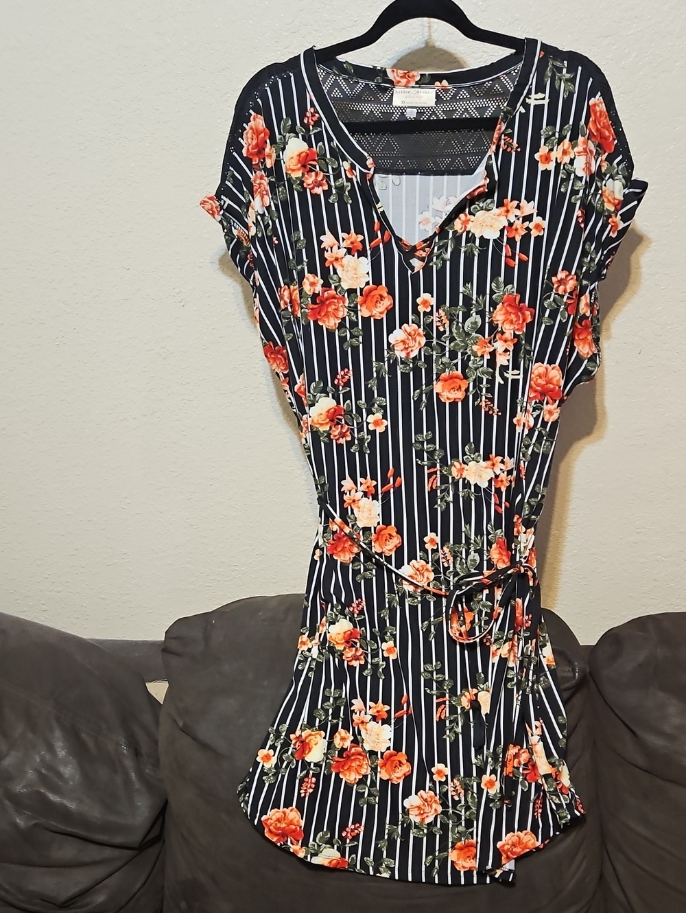 Bobbie Brooks Navy Stripe Floral Tie-Detail Midi Dress